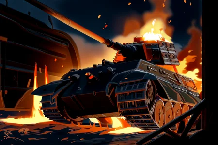 king tiger tank, burning, fire, night, smoke, explosions, wreck,