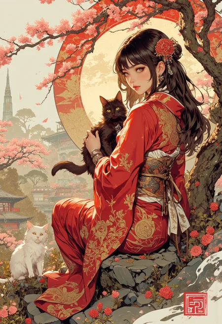 intricate linework with expressive contrasts, soft lighting with dynamic highlights, Impressionistic, ligne claire outlines for clarity and structure, In the style of ff-td, image of a Japanese woman in a silk red and gold kimono, long hair, bangs, sakura flower in her hair, sitting in a formal Japanese garden, holding a black cat, with a white cat at her ankles, turning her head to look back at the viewer