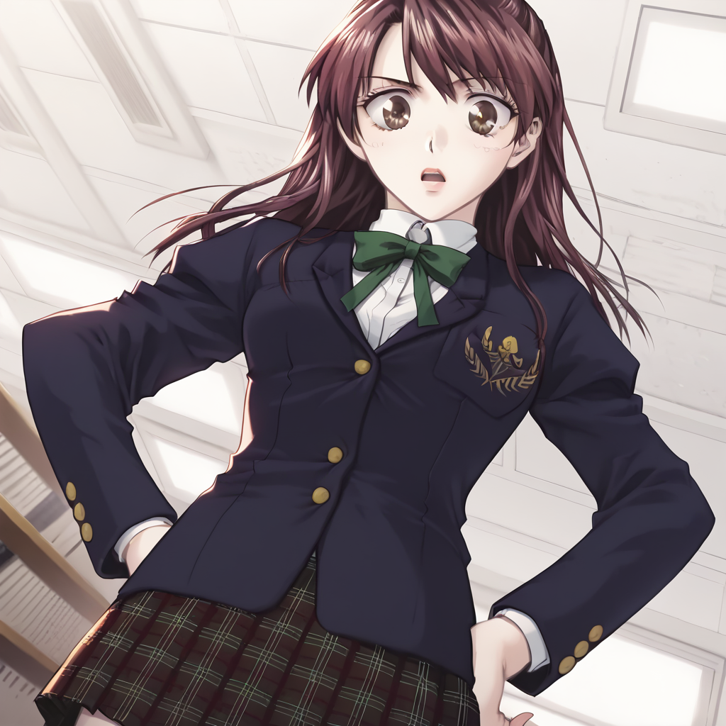 score_9, score_8_up, score_7_up, game_cg,1girl, :o, blush, blazer, brown eyes, red hair, buttons, ceiling, dutch angle, hand on hip, hands on hips, indoors, library, jacket, medium hair, open mouth, plaid, plaid skirt, pleated skirt, school uniform, skirt, solo, from below, looking at viewer, <lora:Yukarigawa_Yumiya_2Crescendo_style:1>