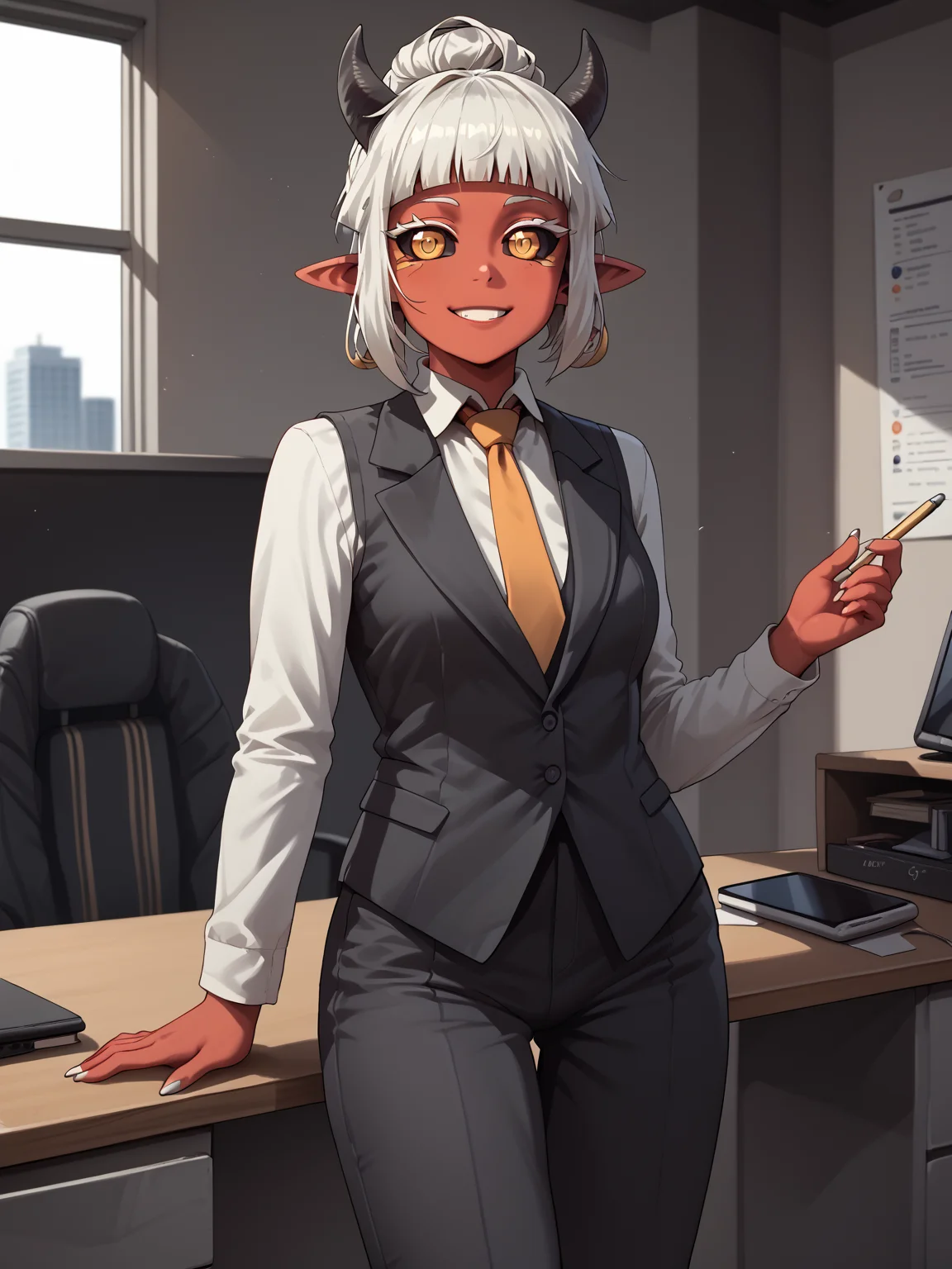 score_9, score_8_up, score_7_up, score_6_up, score_5_up, score_4_up, (((detailed eyes, beautiful eyes,))) <lora:PONYXL_FD-MegaBreastPack:0.7> <lora:Demon Merchant:1> DmnMerch, demon, red skin, pointy ears, black sclera, orange eyes, orange pupils, marks under eyes, white hair, blunt sidelocks, blunt bangs, hair bun, horns, short eyebrows, white eyebrows, white eyelashes, thick eyelashes, orange necktie, collared shirt, full body shot, legs, smart shoes, vest, suit pants, tight clothes, office building, standing in front of a desk, slight smile,