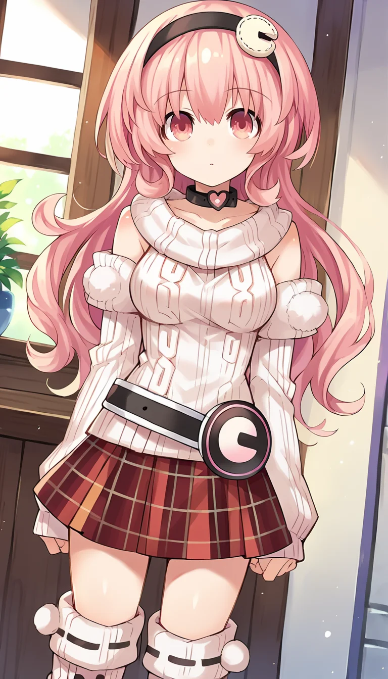 score_9, score_8_up, score_7_up, source_anime, 1girl, solo, pink hair, pink eyes, long hair, curly hair, bangs, hairband, heart choker, detached sleeves, bare shoulders, ribbed sweater, sleeves past wrists, plaid skirt, miniskirt, leg warmers, boots, belt, standing, looking at viewer, dutch angle, cowboy shot, indoors, <lora:Compa_Neptunia_PonyXL:0.8>, Compa \(neptunia)\