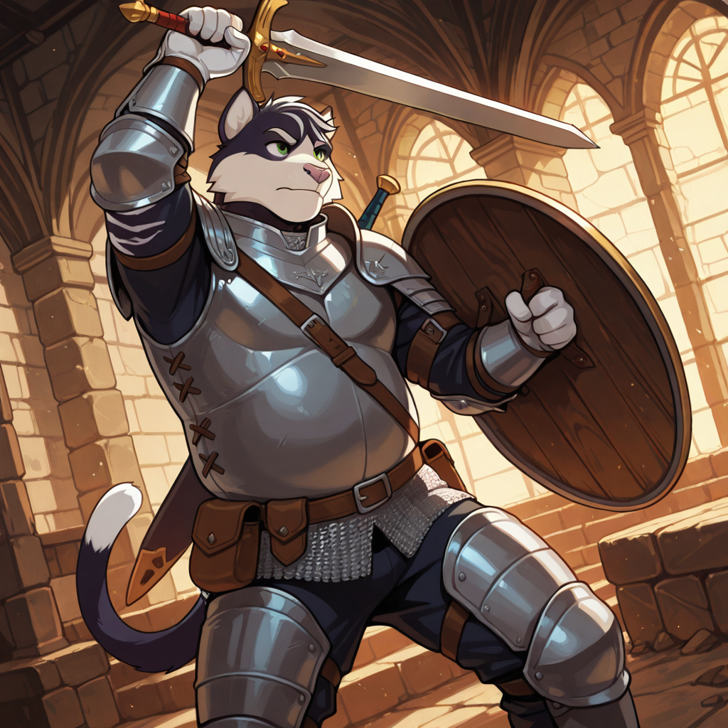 furry, solo, male, striped fur, striped hair, white paws, green eyes, tail, slightly chubby, attack, greatsword, sword, gloves, holding sword, pouch, shield, shield on back, swinging weapon, knight, armor, medieval, detailed background, three quarter view, dynamic angle, pose, dynamic pose, dutch angle, looking ahead, masterpiece, best quality, amazing quality, very aesthetic, highres, absurdres, detailed background, intricate details, jaysercap, <lora:Jayce_Sercap:1>, <lora:add-detail-xl:0.5>, <lora:Expressive_H:0.2>, <lora:spo_sdxl_10ep_4k-data_lora_webui:0.2>, <lora:sdxlVAE_sdxlVAE:0.1>, <lora:noobai_ep11_stabilizer_v0.138_fp16:0.3> , <lora:noobaiXLNAIXL_epsilonPred11Version-lora:0.1>