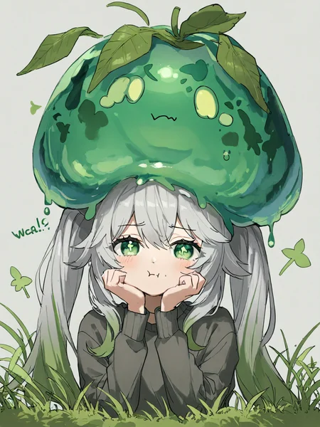 {{{nahida (genshin impact)}}}, twintails, on_head, slime, slimel_on_head, green slime, solo, looking_at_viewer, long_hair, grass,leaf,slime_on_head, head_rest, animal, simple_background, grey_background, :t, long_sleeves, hair_between_eyes, upper_body, grey_shirt, shirt, pout, bangs, closed_mouth, sweater, english_text
,masterpiece,best quality,amazing quality,very aesthetic,absurdres