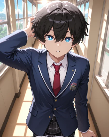 masterpiece,best quality,amazing quality, newest, very aesthetic, absurdres,
1boy, solo, yaoi, male focus, looking at viewer, cowboy shot,
<lora:Noah_Morpheus_ilxl:1> noahmo, black hair, hair between eyes, blue eyes, white pupils,
school uniform, white shirt, collared shirt, blue jacket, red necktie, black pants, plaid pants,
indoors, school, hallway, window, day, sun,