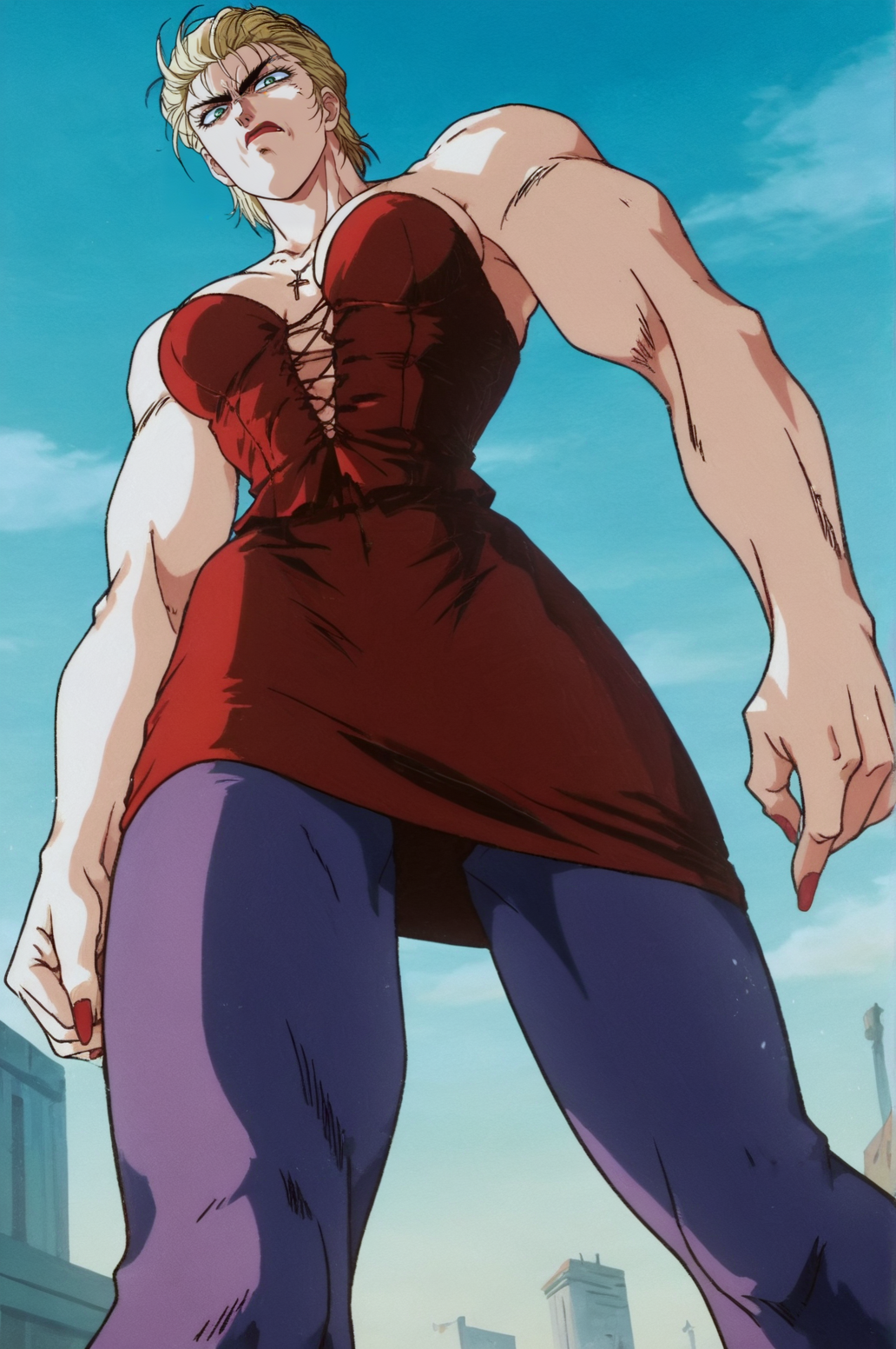 score_9, score_8_up, score_7_up,anime_source, source_anime, best background, detailed background, anime screencap,  Lucifer, bare shoulders, red dress, pantyhose, solo, muscular, angry, mature, enraged, dynamic angle, thumbs down, <lora:JN_Lucifer:0.8>