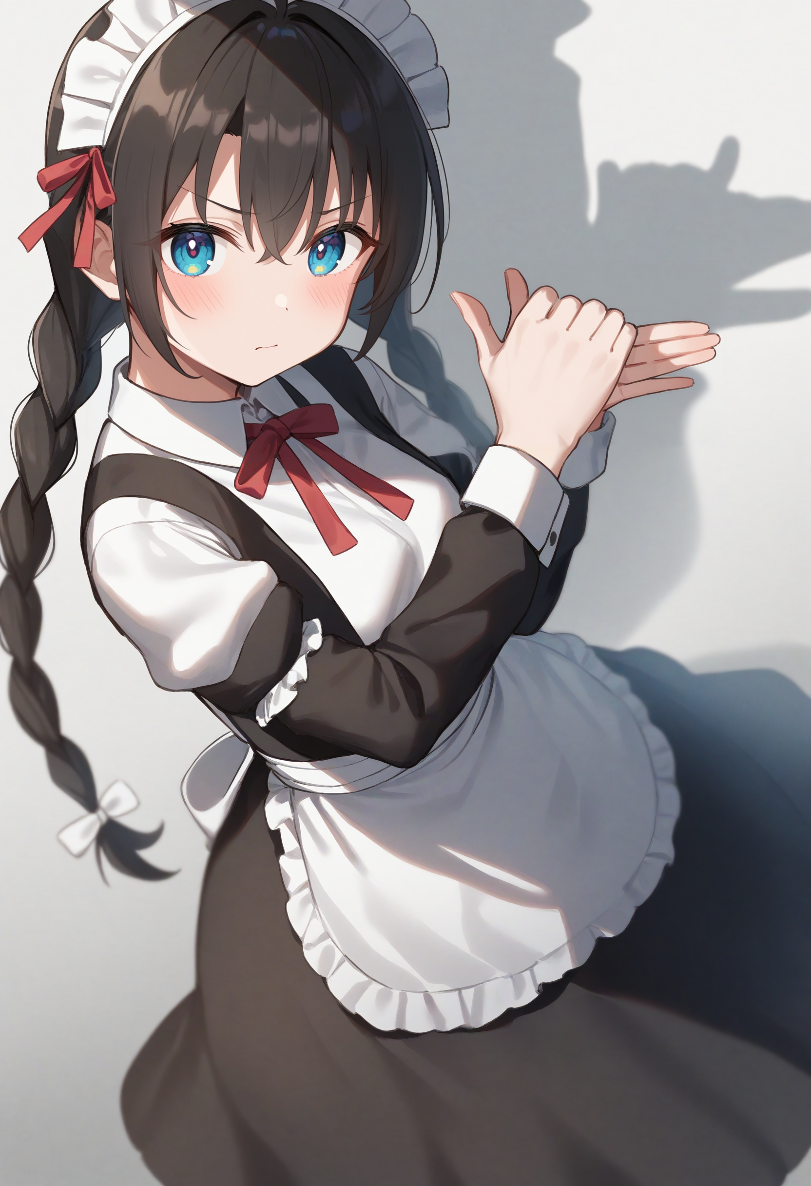 1girl,sincos, ningen mame, toosaka asagi,solo,medium breasts,20yo,maid,maid headdress,
dog shadow puppet, shadow puppet, own hands together, hands up, <lora:dogshadowpuppet_XL_v1:0.8>
from behind, feet out of frame, looking up, blonde hair, brown eyes,bored, workplace dark, closed mouth, twin braids hair,,
best quality, very aesthetic, absurdres