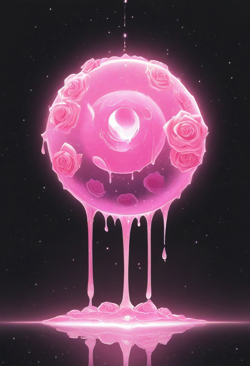 (masterpiece), best quality, Anime, Illustration, (Floating Sphere, Crystal, Magic, Reflection, Melting, Dripping, Pink Rose), Black Background, No Humans, Starry Theme, (Light Refraction), White and Pink Theme, Natural Lighting