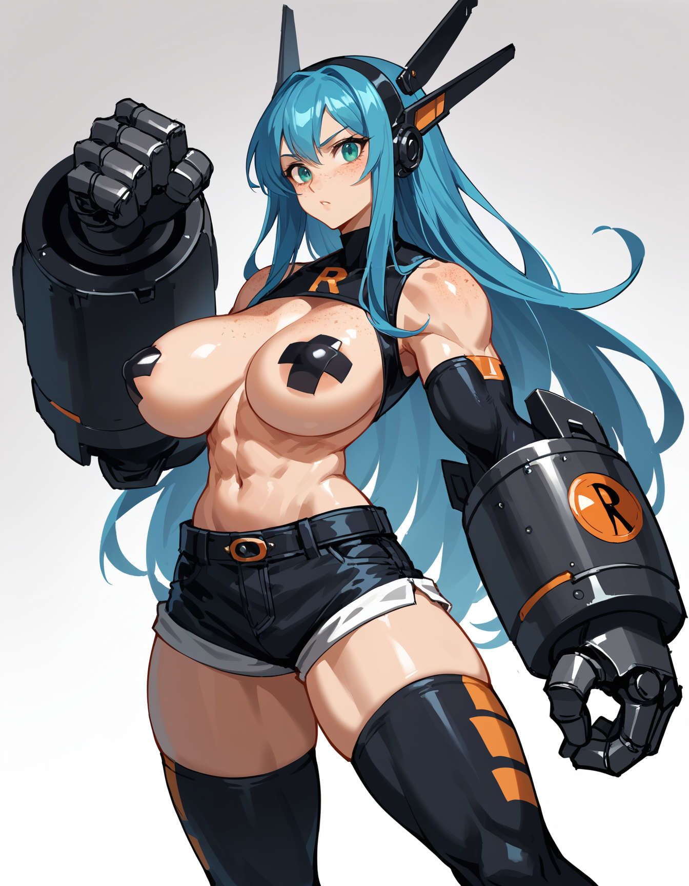 score_9, score_8_up, score_7_up, score_6_up, score_5_up, score_4_up, source_cartoon, lineless, 1girl, adult, gorgeous girl , kawai girl , cute face , superhuman, long metal hair , very long straight hair, bangs, puffy breast , metal arms, freckles , standing , shorts , mechanic , thighhighs , medium rocket breasts focus, posing, sketch, fighting pose, muscle hands , bulky shoulders , pasties , cleavage , detailed arms, arms focus, gigantic arms , mecha arms , armoured hands , rocket boosters, stand still