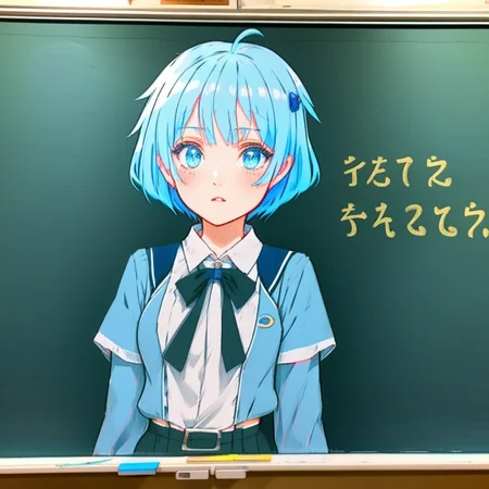 great quality,chalkboard,traditional media,1girl,solo, cropped torso,blue hair, arona \(blue archive\),serafuku,clue school uniform