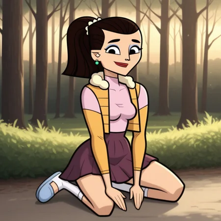 score_9, score_8, BREAK, solo, crop top, long sleeves undershirt, sleeveless mini jacket, 1girl, skirt, slippers, toeless legwear, dark brown hair, ponytail, blue eyeshadow, lipstick, makeup, earrings, black eyes, breasts, total drama, Josee_(Total_Drama), tdtrr, sexy pose, smile, outdoors, sunlight, shadows, evening lighting, natural lighting, forest, trees, grass, orange sky, sunset