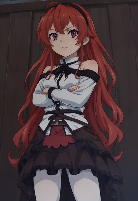 score_9, score_8_up, score_7_up, source_anime,anime screencap, anime coloring,intricate details,rating_safe, masterpiece, best quality,
(best quality, absurd res, ultra detailed),1girl, ((solo)), good eyes,perfect eyes,,detailed eyes, ,detailed, detailed face, <lora:add-detail-xl:3>
BREAK
<lora:nomanota:0.9>, nomanota, eris, 1girl, red eyes, red hair, long hair,
black hairband, white shirt, shoulder cutout, brown skirt, white pantyhose,
BREAK
standing,crossed arms,,