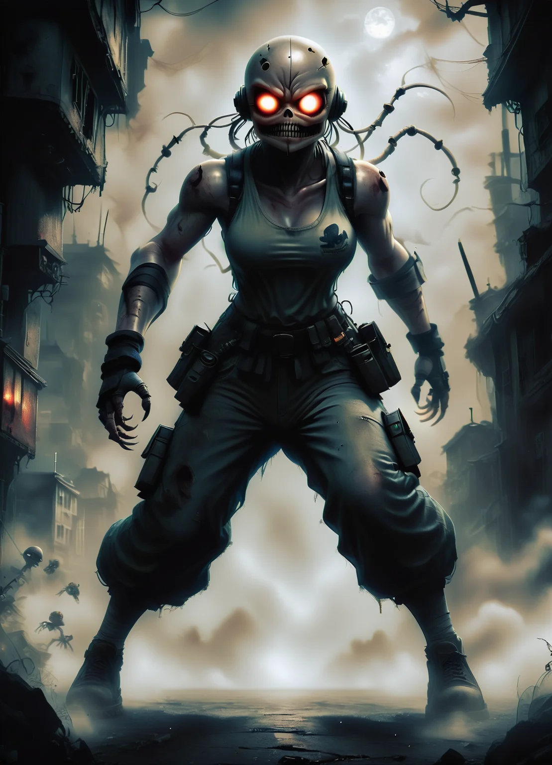 DonMGl00myN1gh7m4r3XL,score_9, score_8_up, score_7_up, score_6_up, female b1-series worker droid, street samurai,, mace, creepy, gloomy, <lora:DonMGl00myN1gh7m4r3XL:0.65>