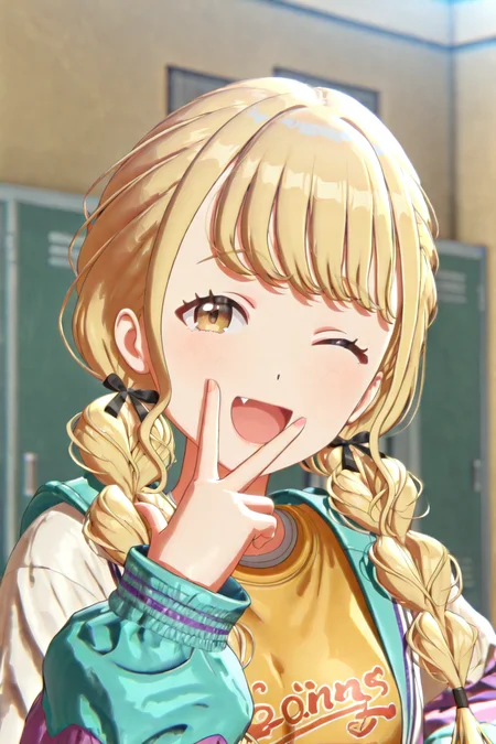 shiny skin, posing, 
<lora:gaku3d.il:1.0>,
gaku3d,
kotone, 
one eye closed, open mouth, peace, fang,