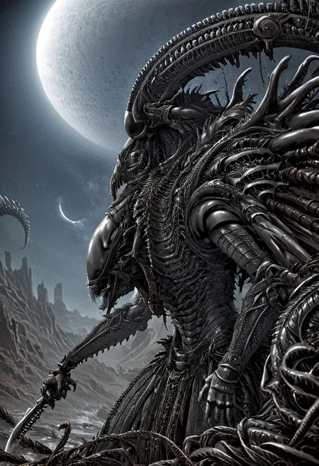 A fantastical image of a silver Xenomorph knight, clad in flowing, flowing robes, wielding an ornate, ornate blade. they wield the sword in a fluid, dynamic motion. The moon's reflection highlights their magical power, solo, wide angle, art by hr giger, Rusted, rusted landscape,