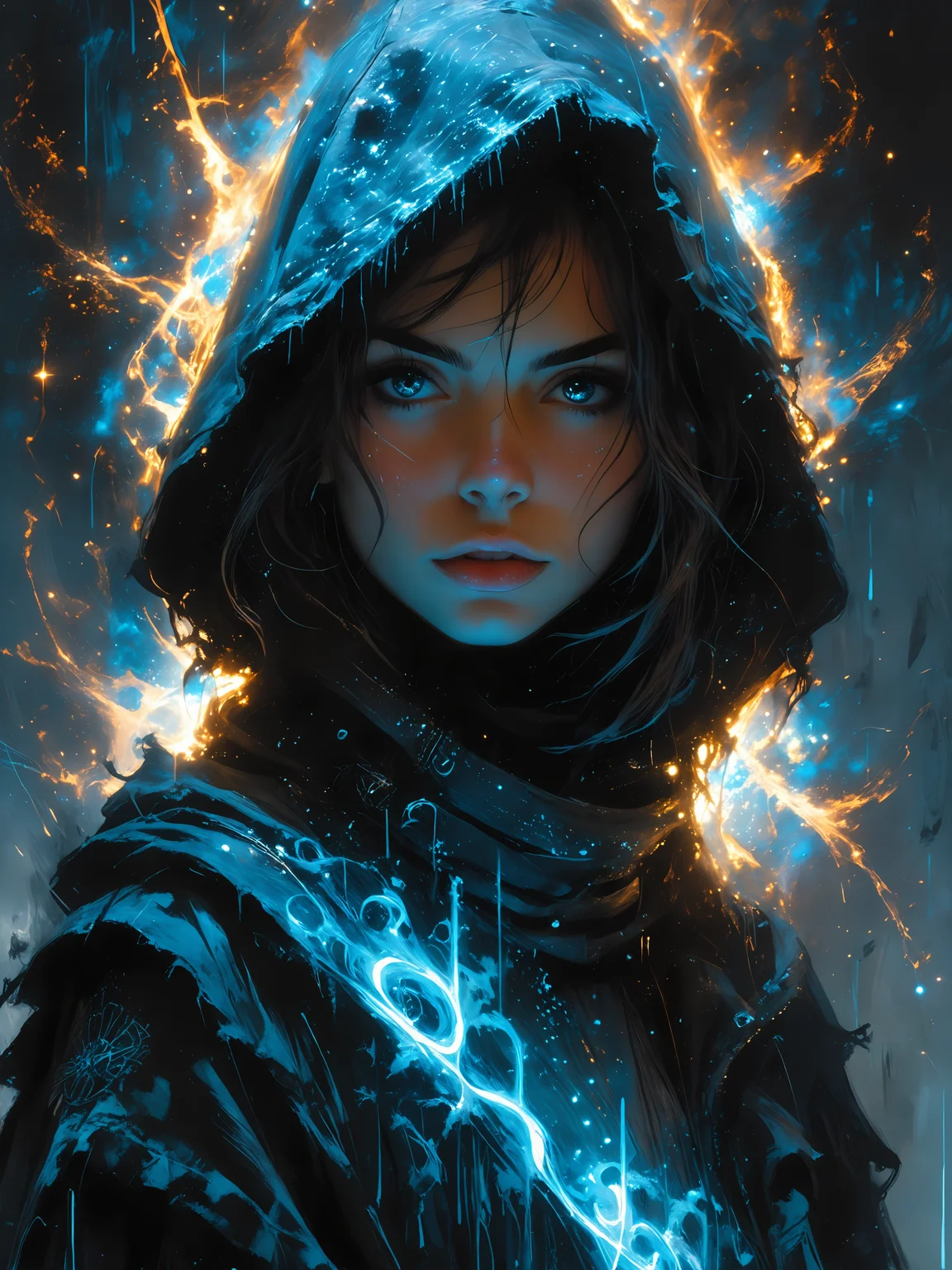 a portrait of a hooded young punk woman, set amidst white and sky-blue auroras, incorporating cosmic plasma markings that evoke a sense of Chemiluminescent Impressionism, (LOW-KEY:1.2) <lora:HellJourney_XL_V12024-08-01_09-12-39-save-2806-8-0:0.6> <lora:incase-ilff-v3-4:0.4> <lora:Fant5yP0ny:0.4> <lora:zavy-cntrst-sdxl:1.0>