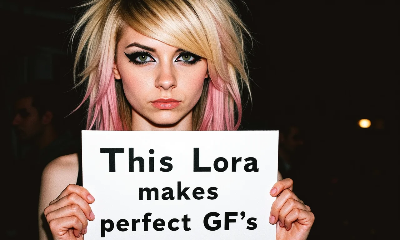 Candid amateur photograph with slightly overexposed flash of a young woman holding a sign with text "This Lora makes perfect GF's", She has a distinctive 2000s scene/emo haircut: thick, sharply angled bangs sweeping across one eye, with voluminous layers cascading past her shoulders and long sidelocks resting in front of them. Her hair is natural blonde with pink highlights. Her intense gaze is framed by dramatic black winged eyeliner.<lora:2000s_Scene_Emo_Hair.safetensors:1.0:1.0>