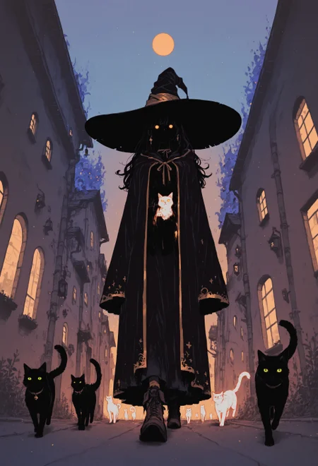 score_9, score_8_up, score_7_up, masterpiece, best quality, very aesthetic, 1girl, incoth, (incase:0.6), detailed face, (dynamic:1), stylized, illustration, r17329_illu, mage in background, mage brimhat, witch hat, robes, long hair, golden eyes, ethereal cats, ghost cats, summoner, (cats in foreground:1.1), perspective, from below, street, background, cats running at viewer, (transparent cats, glowing cats:1.1),