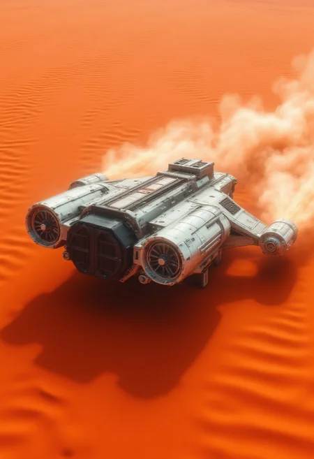 close up of a futuristic bulky square metal space ship passing by, with a lot of details and a big air inlet on the front, hovering red sand, creating enormous splashes of and ripples in the sand dunes, the feel of speed is extreme, motion blur, white and black colors with some orange accents, high depth of field, dramatic light, cinematic scene