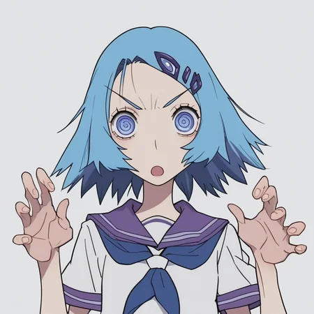safe_pos, score_9, score_8_up, score_7_up, anime , rating_explicit, anime screencap, anime style, Perfect hands, Perfect fingers, rebis style-pxl, Perfect eyes, Living, 1girl, solo, sailor collar, open mouth, simple background, looking at viewer, serafuku, blue eyes, purple sailor collar, upper body, blue hair, neckerchief, hair ornament