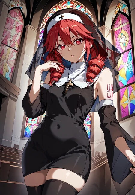 1girl, solo, solo focus, highres, absurdres, SisterTeto, nun, drill hair, red hair, habit, twin drills, red eyes, detached sleeves, shoulder tattoo, cross, black dress, long hair, jewelry, veil, bare shoulders, necklace, hair between eyes, black sleeves, bangs, black thighhighs,
looking at viewer, hand up, holding cross, serious,
church, stained glass, dark, very dark, night, shade, shadow,