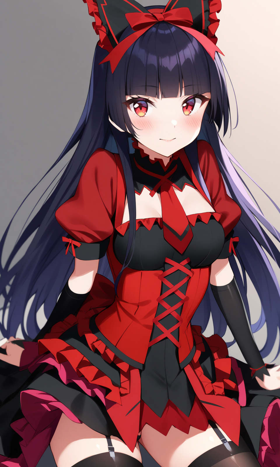 1girl, rorymercury, 1girl, black dress, black hair, black thighhighs, blurry, blush, bow, breasts, dress, frilled dress, frills, garter straps, hair bow, hair ornament, hair ribbon, highres, hime cut, long hair, looking at viewer, medium breasts, red dress, red eyes, ribbon, solo, thighhighs, two-tone dress, 
masterpiece, best quality, very aesthetic, absurdres, 
<lora:RoryMercury_xl:1>