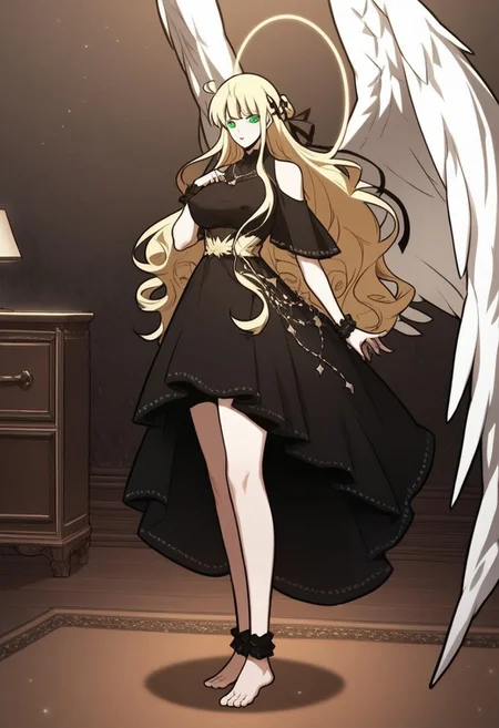 Score_9, Score_8_up, detailed background, high quality, detailed character, night, pov, bedroom, Expressiveh, Character, zPDXL, Uriel, green eyes, blonde hair, long hair, classic clothes, black dress, necklace, halo, white wings, clothes, toned, large breasts, puffy nipples, large ass, ass expansion, thick thighs wide hips, wide shot showing female, full body shot, looking at viewer, lustful, posing