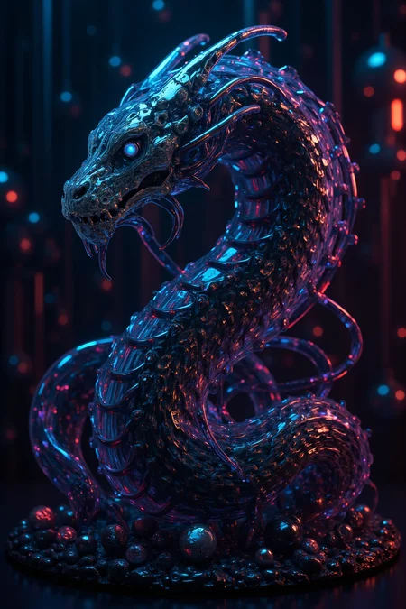 YFG-Ge0m, Futuristic digital sculpture: Robotic serpent with black metallic scales, neon blue with intricate textures and vibrant colors. The scene should include a rich variety of elements, each contributing to the overall atmosphere. Lighting should be soft, diffused, and natural, enhancing the depth and realism of the scene. The mood is to be calm yet vibrant, creating a sense of serenity and wonder. Every detail in the scene should be meticulously rendered, emphasizing the contrast between light and shadow, and capturing the fine textures and subtle gradients. The color palette should be carefully chosen to evoke emotion, with each hue enhancing the aesthetic appeal of the overall composition. The final image should be immersive and captivating, drawing the viewer into its intricately detailed world.