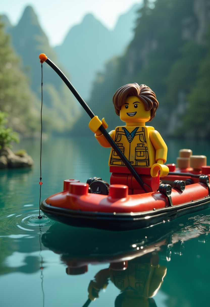 realistic, high quality, ultra detailed, lego world, lego person on a raft, fishing, sfw, PG-rated<lora:FLUX\Enhancer\FluxDFaeTasticDetails.safetensors:0.6:0.6>
