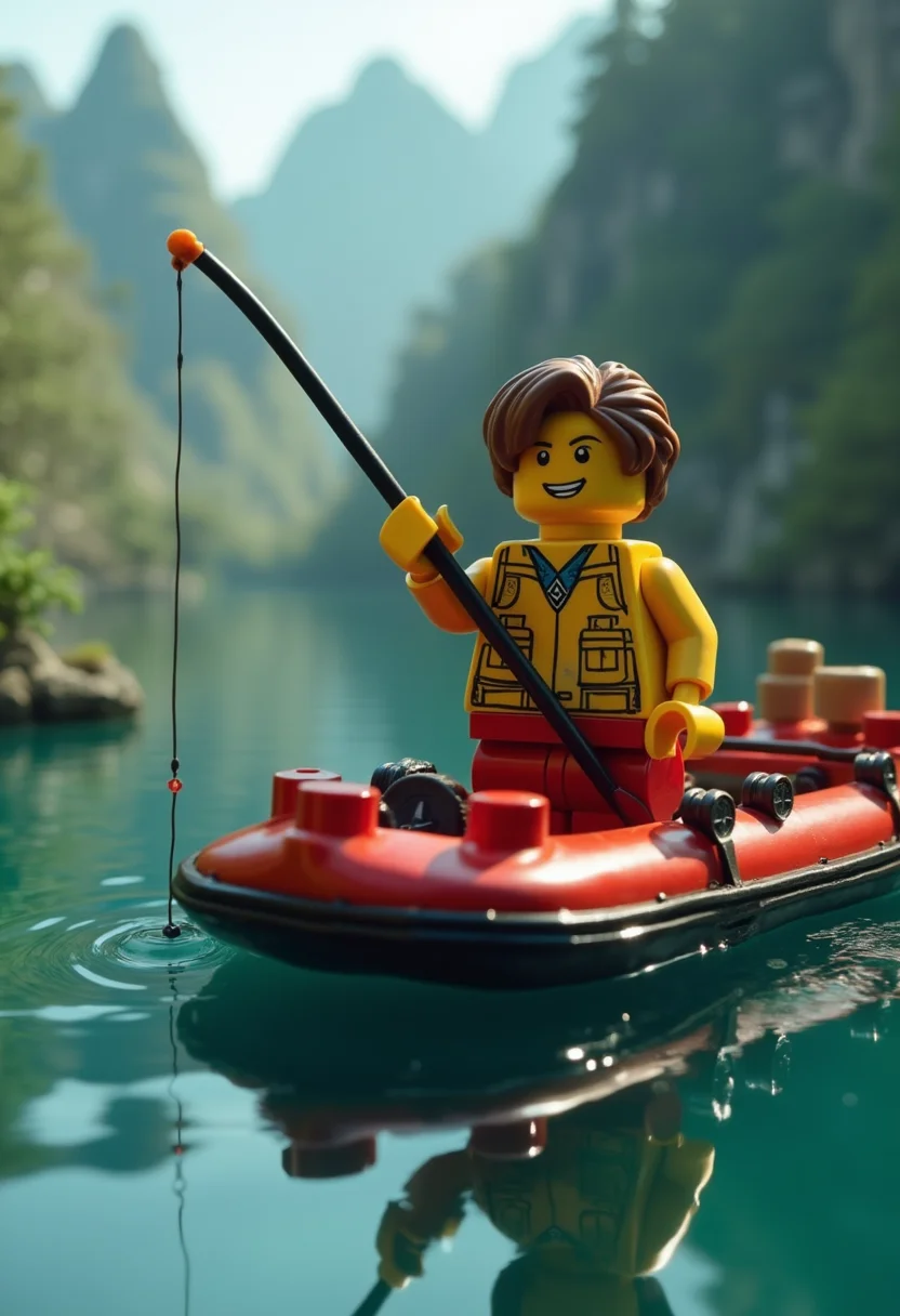 realistic, high quality, ultra detailed, lego world, lego person on a raft, fishing, sfw, PG-rated<lora:FLUX\Enhancer\FluxDFaeTasticDetails.safetensors:0.6:0.6>