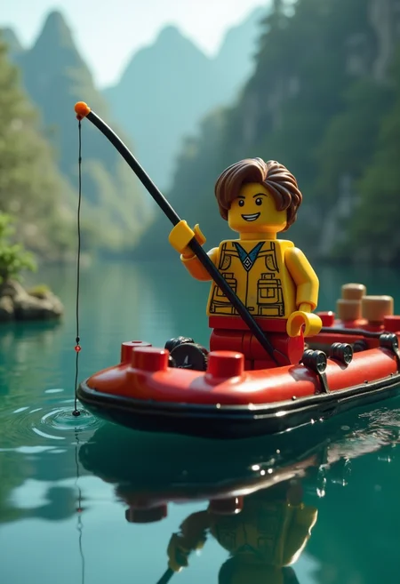 realistic, high quality, ultra detailed, lego world, lego person on a raft, fishing, sfw, PG-rated<lora:FLUX\Enhancer\FluxDFaeTasticDetails.safetensors:0.6:0.6>