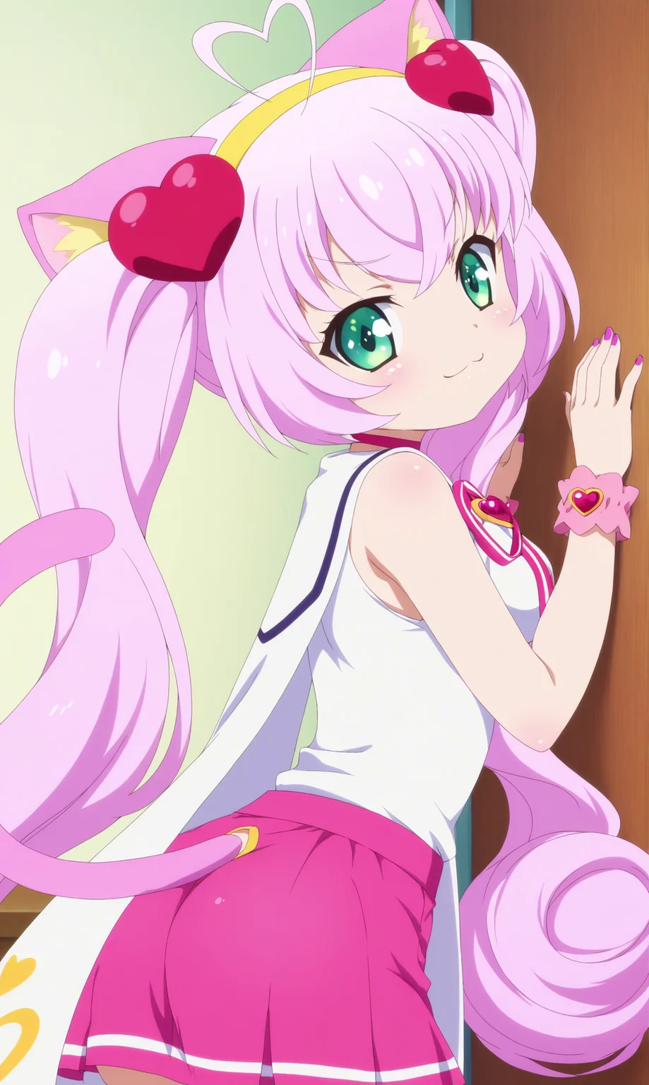 masterpiece, best quality, close-up, beautiful eyes, zzRosia, 1girl, solo, animal ears, long hair, smile, twintails, looking at back, from behind, :3, pink hair, cat ears, green eyes, smile, ahoge, ass, upper body, heart, skirt, very long hair, smug, hairband, pink skirt, nail polish, hair ornament, purple nails, pink nails, yellow hairband, hands on wall, tail, medium breasts, anime coloring, cape, bedroom, heart ahoge, choker, sleeveless, cat tail,