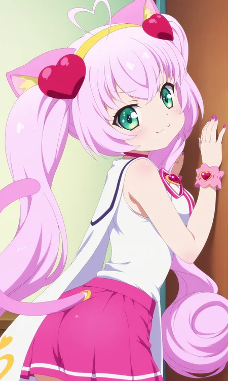 masterpiece, best quality, close-up, beautiful eyes, zzRosia, 1girl, solo, animal ears, long hair, smile, twintails, looking at back, from behind, :3, pink hair, cat ears, green eyes, smile, ahoge, ass, upper body, heart, skirt, very long hair, smug, hairband, pink skirt, nail polish, hair ornament, purple nails, pink nails, yellow hairband, hands on wall, tail, medium breasts, anime coloring, cape, bedroom, heart ahoge, choker, sleeveless, cat tail,
