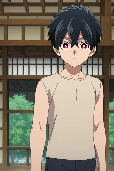 score_9, score_8_up, score_7_up, source_anime, rating_safe, , anime screencap, , , looking at viewer, , 1boy, solo, male focus, <lora:kabane_kusaka_pony:0.74>, kabane_kusaka, black hair, red eyes, short hair, hair between eyes, cowboy shot, east asian architecture, light, floating, nervous, , <lora:sdxl_lightning_8step_lora:1>
