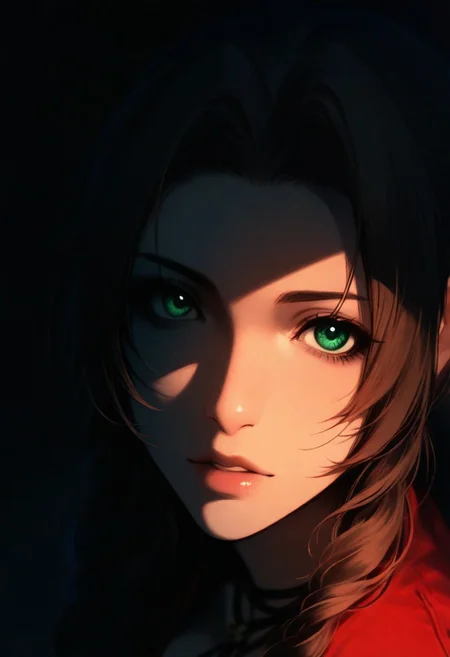 1girl, (aerith_gainsborough), solo, dark, light, masterpiece, best quality, very aesthetic, close up, parted lips