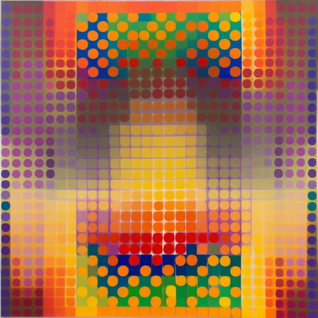 escarapela (cockade) Le Parc  a rainbow colored circle with a white background abstraccion geometrica, circulos, circles, orange, yellow, red, blue, purple, violet, cockade, escarapela, circular stripes <lora:LeParc_AI_LoRA_XL_v2.0:1>