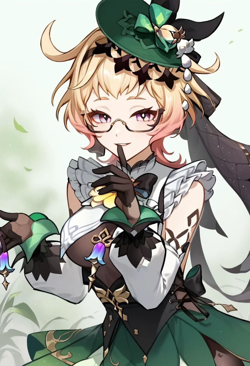 score_9,score_8_up,score_7_up,<lora:emilie_(genshin_impact)_pony:1>,absurdres, bare_shoulders, white_background, glasses, green_skirt, solo, parted_lips, looking_at_viewer, black_gloves, highres, hands_up, 1girl, black_shirt, green_hat, fascinator, long_sleeves, upper_body, smile, detached_sleeves, emilie_\(genshin_impact\), simple_background