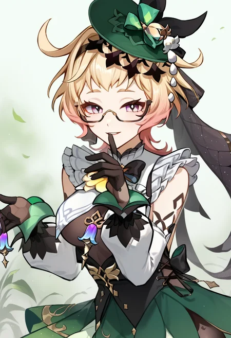 score_9,score_8_up,score_7_up,<lora:emilie_(genshin_impact)_pony:1>,absurdres, bare_shoulders, white_background, glasses, green_skirt, solo, parted_lips, looking_at_viewer, black_gloves, highres, hands_up, 1girl, black_shirt, green_hat, fascinator, long_sleeves, upper_body, smile, detached_sleeves, emilie_\(genshin_impact\), simple_background