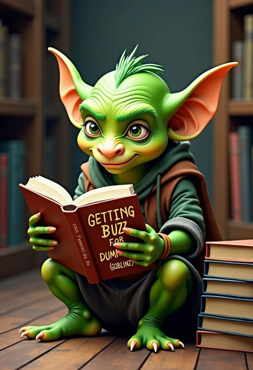 A green-skinned goblin reading a book called "GETTING BUZZ FOR DUMMIES (GOBLINZ)". He is confused, there is a stack of books besides him. He is sitting on the floor in a library,