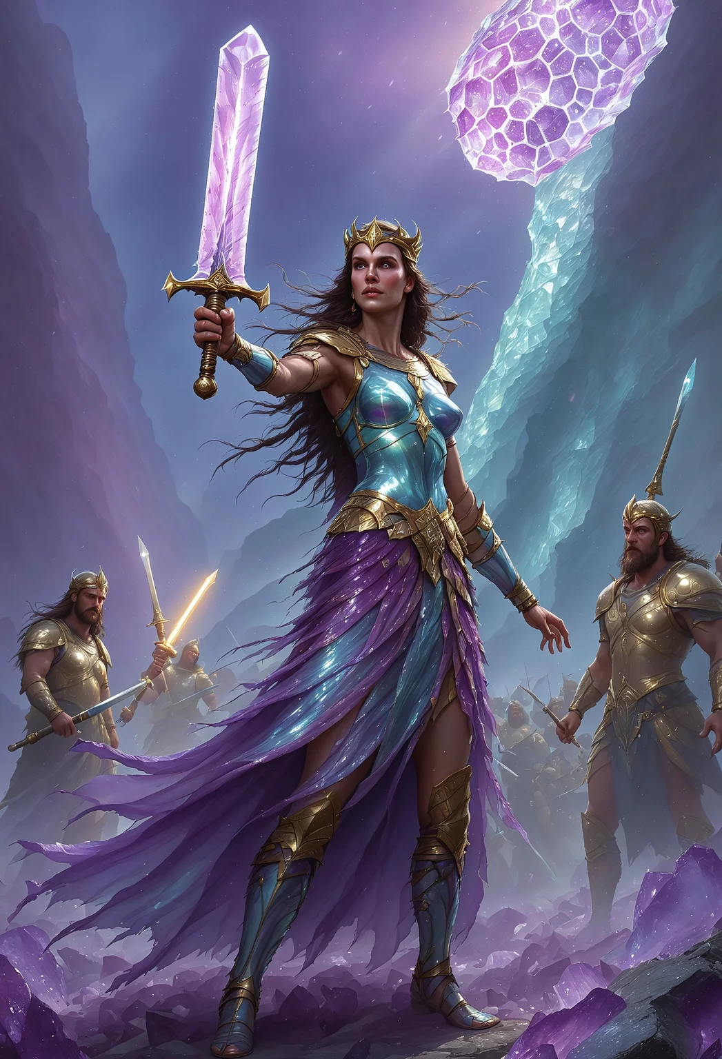 flu0rite, iridiscent, VALHERO shirldmaiden holding a fluorite mineral sword and iridescent shiled during the Battle of Ragnarok