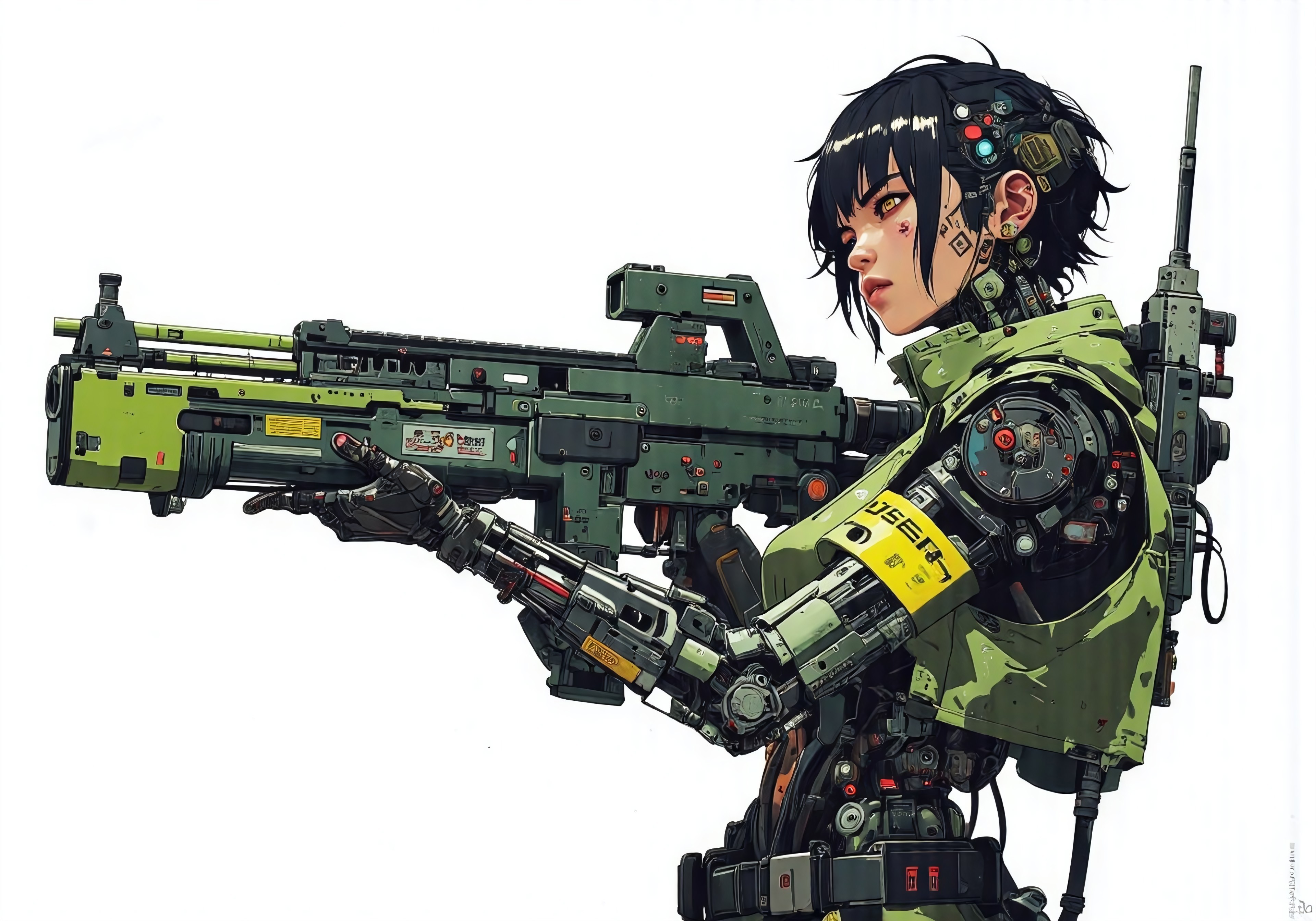 (masterpiece, top quality, best quality, official art, beautiful and aesthetic:1.3),(1girl:1.3) holding a pulse rifle,extreme detailed,colorful,highest detailed,((ultra-detailed)),(highly detailed CG illustration),((an extremely delicate and beautiful)), A digital artwork in the style of cknc, deliberate, completed.

1980s anime film style, cinematic dynamic action portrait of 1girl with ((short undercut cyberpunk hairstyle:1.2), cybernetic/biomechical body (0r0105) including (transparent torso, military-green polycarbonate plating, fiber optic netting, glowing LED acceents, and elaborately assembled mechanical parts), giving her a dynamic appearance as if she were alive.) She appears tough, battle-hardened, and is seen holding a futuristic Pulse Rifle adorned with various USCMC logos and decals. The rifle stock is braced against her right shoulder, her right pointer finger ready to pull the trigger, her left hand supporting the rifle barrel. She is aiming the rifle at an unseen target off-camera. Solid white background.