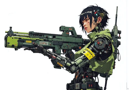 (masterpiece, top quality, best quality, official art, beautiful and aesthetic:1.3),(1girl:1.3) holding a pulse rifle,extreme detailed,colorful,highest detailed,((ultra-detailed)),(highly detailed CG illustration),((an extremely delicate and beautiful)), A digital artwork in the style of cknc, deliberate, completed.

1980s anime film style, cinematic dynamic action portrait of 1girl with ((short undercut cyberpunk hairstyle:1.2), cybernetic/biomechical body (0r0105) including (transparent torso, military-green polycarbonate plating, fiber optic netting, glowing LED acceents, and elaborately assembled mechanical parts), giving her a dynamic appearance as if she were alive.) She appears tough, battle-hardened, and is seen holding a futuristic Pulse Rifle adorned with various USCMC logos and decals. The rifle stock is braced against her right shoulder, her right pointer finger ready to pull the trigger, her left hand supporting the rifle barrel. She is aiming the rifle at an unseen target off-camera. Solid white background.