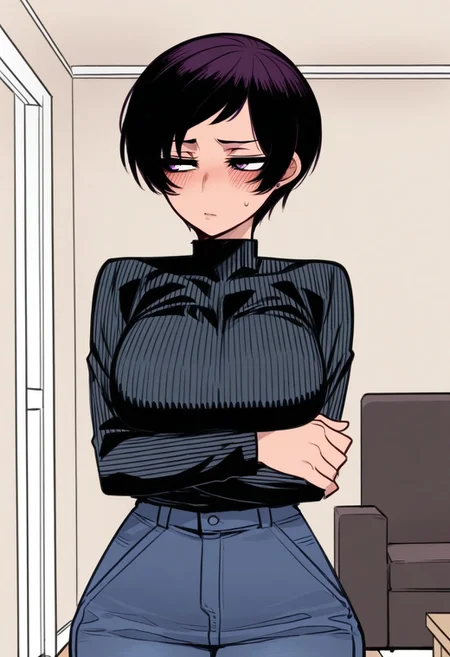 score_9,score_8_up,score_7_up,score_6_up,best quality,masterpiece,background is living room, 1girl, solo,
BREAK
esmrata, short hair, black hair, purple eyes, black turtleneck, large breasts, crossed arms, jeans, looking away, blush, shy,