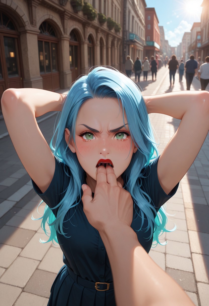 masterpiece, best quality, very aesthetic, absurdres, cinematic lighting, detailed, intricate details, dynamic angle,
BREAK,
1girl, stunning 24yo, long hair, blue hair, green eyes, red lips, 
BREAK,
(standing), (hands behind head), arms up,
pov hands, domination, dominant male, 
hand in another's mouth, open mouth, mouth focus,
BREAK,
looking at viewer, angry, tears, blushing,
BREAK,
on the sidewalk, public street, day, sunlight, people in the background,