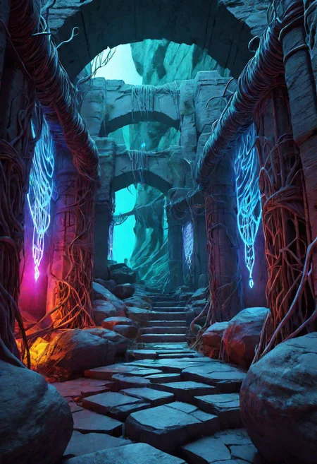 Photorealistic, Octane render, hyper realistic textures, group, a party of beautiful adventurers(beautiful rugged elves and dwarves in revealing armor, muscular, androgynous, stylish) exploring a foreboding dungeon(Twisting cavernou Cyberpunk catacombs, Mayan ruins, tunnels lined with pipe work and wires, sleek computer terminals, drab graffitied concrete illuminated by the soft glow of neon lighting, thick twisting vines and tree roots, masterpiece, sci-fi, dramatic lighting, vaporwave vibe, arcane ruins)
