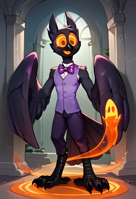 Barnaby, 1boy, yellow eyes, orange sclera, black body, long neck, feathers, bird feet, winged arms, bird tail, black beak, purple vest, sleeveless, purple bowtie, orange tongue, avian, furry, anthro, ghost, owl, spirit, digitigrade, no humans, perfect anatomy, solo, (insanely detailed, beautiful detailed face, masterpiece, cinematic lighting, detailed hands, detailed face, best quality), (sharp), score_9_up, score_8_up, score_7_up, score_6_up, highest quality, 8K, RAW photo, source_anime, perfect face, perfect hands, wingarms, jizoku