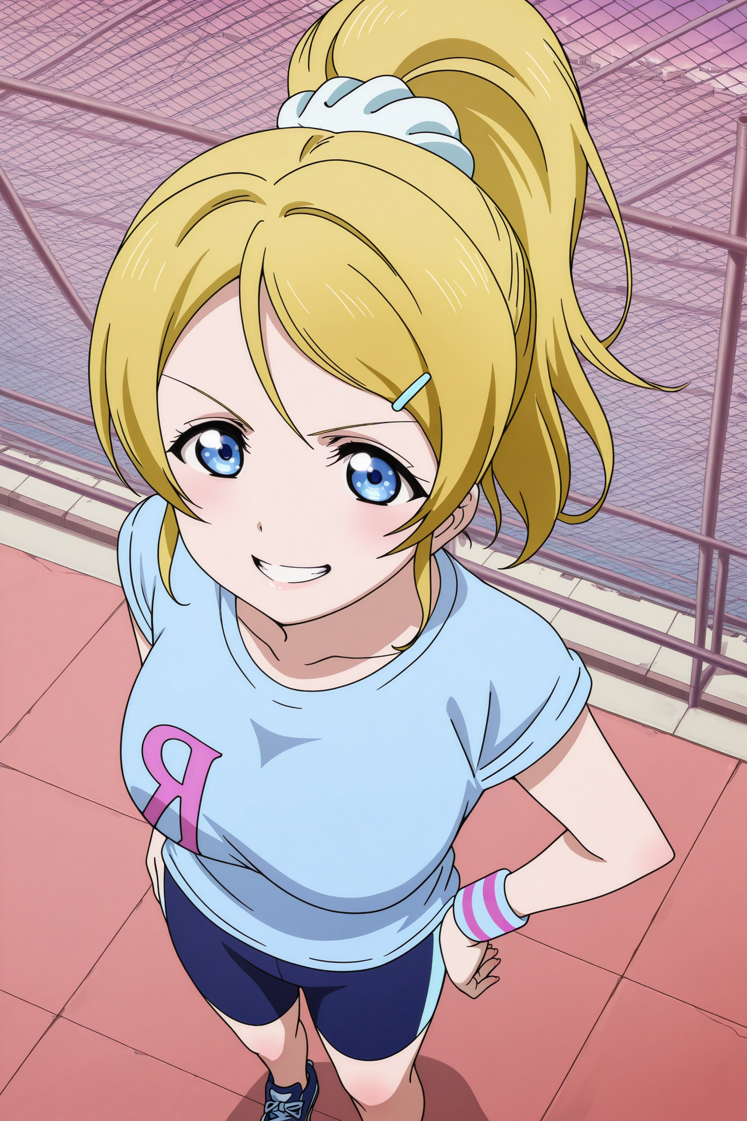 anime screencap, anime coloring, detailed face, masterpiece, best quality, very aesthetic, absurdres, volumetric lighting, official style, amazing quality, ultra detailed, highres, amazing quality, scenery, beautiful detailed hair, beautiful detailed eyes,
<lora:StS-Illustrious-Detail-Slider-v1.0:4>
 <lora:Eli_Ayase_Love_Live:1>
Eli blue shirt with backwards R (outfit), Eli Ayase (character), 1girl, ayase eli, blonde hair, solo, ponytail, blue eyes, bike shorts, t-shirt, wristband, hair ornament, sneakers, shoes, rooftop, shirt, scrunchie, grin, from above