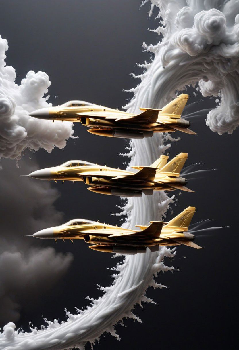 GOLD LIQUID METAL jet fighters, racing through SILVER LIQUID METAL clouds, liquid metal sprays from there jets, flying through a black void