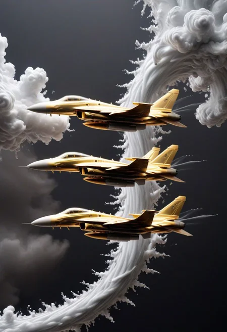 GOLD LIQUID METAL jet fighters, racing through SILVER LIQUID METAL clouds, liquid metal sprays from there jets, flying through a black void