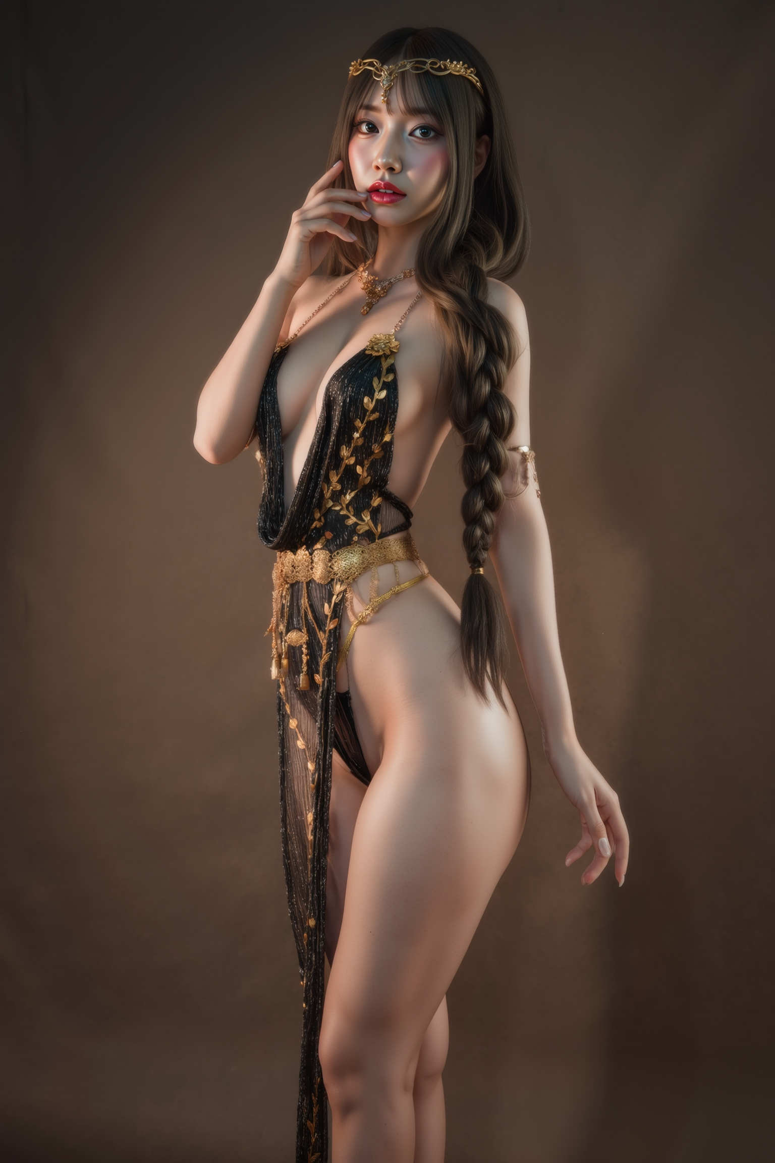 A professional, high-resolution image of a young woman is posed in a standing contrapposto stance, with subtle weight shifted to one leg to create a natural S-curve in the body silhouette. This classic posing technique creates visual interest and a sense of elegance.

She is wearing a black SGWN76Clothing. Her makeup is dramatic, with dark eyeliner and bold, glossy pink lips. 

The lighting features a high-contrast, monochromatic white color scheme that creates a moody, intimate atmosphere. 

The photography technique uses what appears to be soft lighting to create a glamorous effect, with careful attention to highlighting contours while maintaining the dominant light brown color scheme throughout the frame.

The overall aesthetic combines elements of fashion photography, traditional Asian visual motifs, and contemporary boudoir styling. The dramatic light brown lighting creates a cohesive visual theme that ties all elements of the composition together.

The white light emit on her to show her feature.