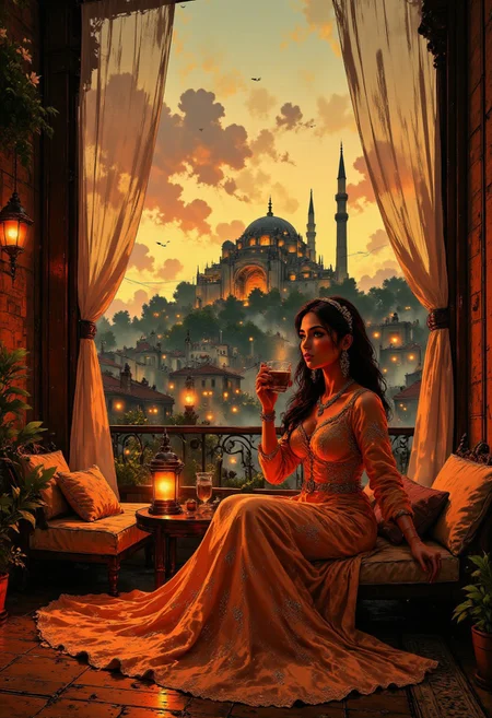 Istanbul Rooftop at Sunset – Pastel Terracotta Dress
A captivating young woman sits on a luxurious rooftop lounge in Istanbul, surrounded by plush cushions and glowing lanterns. She wears a pastel terracotta dress with intricate golden embroidery, flowing softly in the warm evening breeze. A sheer silk curtain sways between two carved wooden columns, partially veiling the stunning view of the Hagia Sophia bathed in sunset hues. The distant sound of the call to prayer echoes through the city as she takes a slow sip of Turkish coffee, savoring the moment.